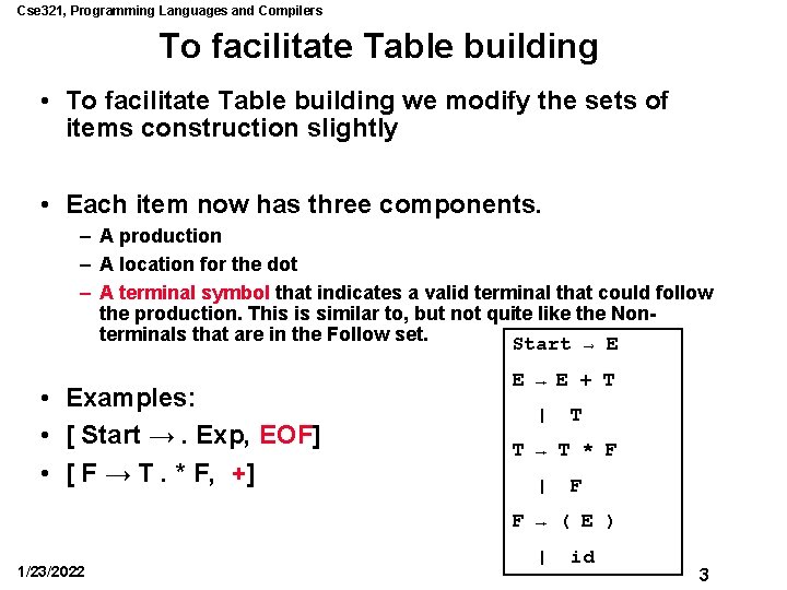 Cse 321, Programming Languages and Compilers To facilitate Table building • To facilitate Table