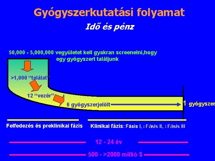 Gyógyszerkutatási folyamat Idő és pénz 50, 000 - 5, 000 vegyületet kell gyakran screenelni,