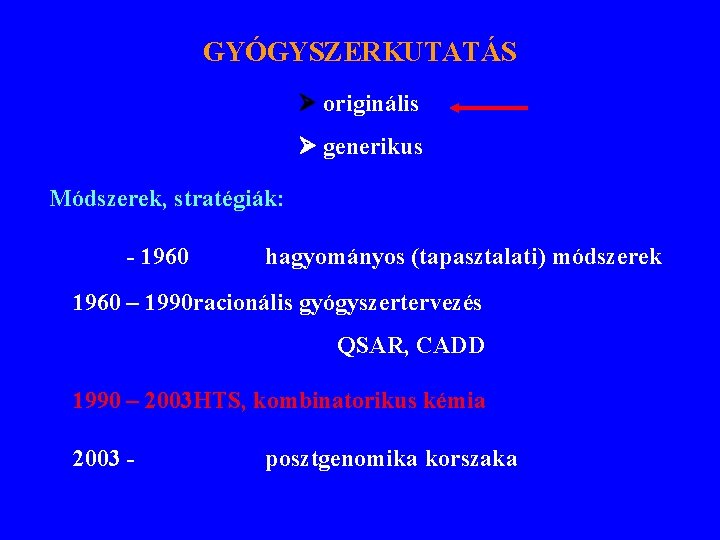 GYÓGYSZERKUTATÁS originális generikus Módszerek, stratégiák: - 1960 hagyományos (tapasztalati) módszerek 1960 – 1990 racionális GYÓGYSZERKUTATÁS originális generikus Módszerek, stratégiák: - 1960 hagyományos (tapasztalati) módszerek 1960 – 1990 racionális