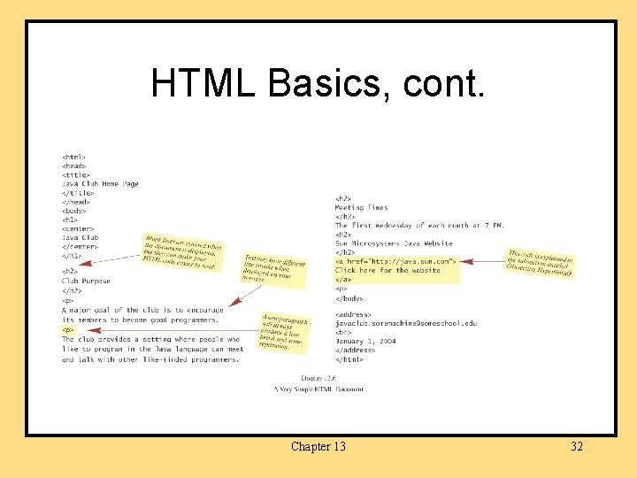 HTML Basics, cont. Chapter 13 32 