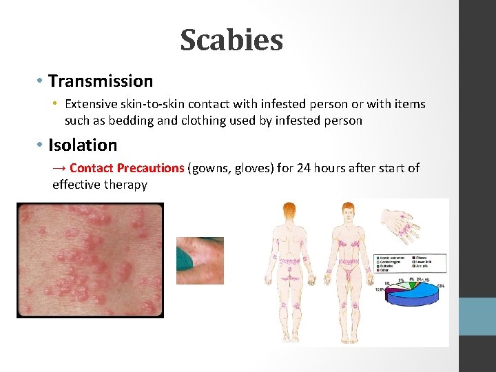 Scabies • Transmission • Extensive skin-to-skin contact with infested person or with items such