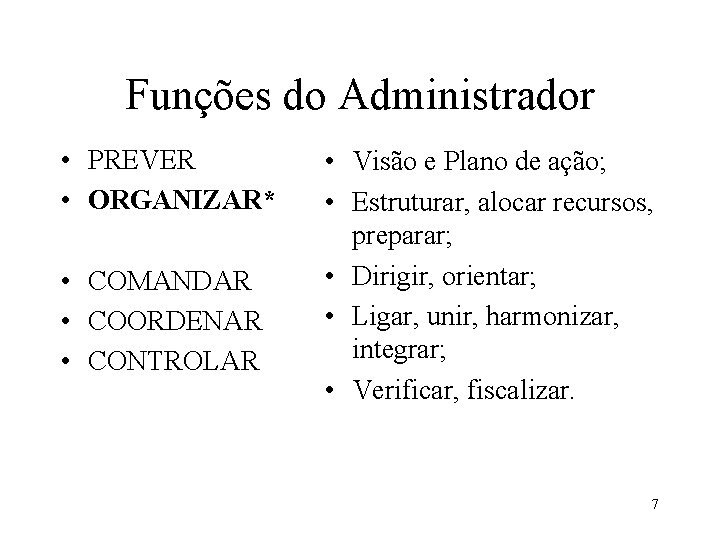 Funções do Administrador • PREVER • ORGANIZAR* • COMANDAR • COORDENAR • CONTROLAR •