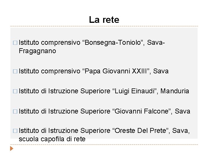 La rete � Istituto comprensivo “Bonsegna-Toniolo”, Sava. Fragagnano � Istituto comprensivo “Papa Giovanni XXIII”,