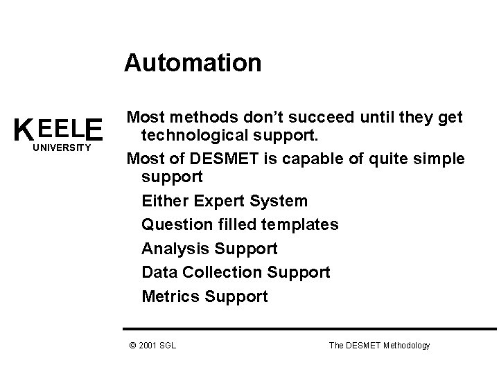 Automation K EELE UNIVERSITY Most methods don’t succeed until they get technological support. Most