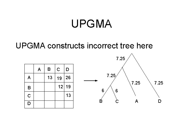 UPGMA constructs incorrect tree here 7. 25 A B C D A 13 19