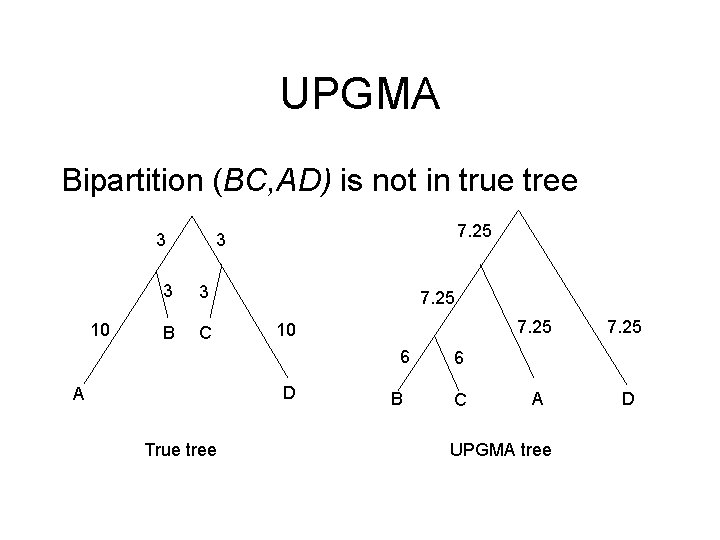 UPGMA Bipartition (BC, AD) is not in true tree 3 10 7. 25 3