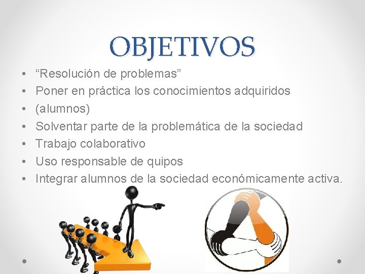 OBJETIVOS • • “Resolución de problemas” Poner en práctica los conocimientos adquiridos (alumnos) Solventar