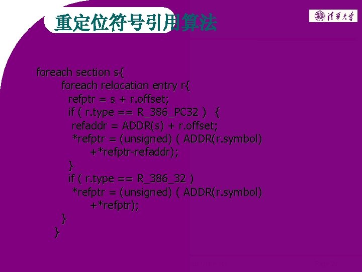 重定位符号引用算法 foreach section s{ foreach relocation entry r{ refptr = s + r. offset;