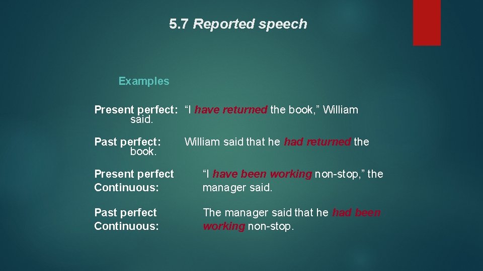 5. 7 Reported speech Examples Present perfect: “I have returned the book, ” William