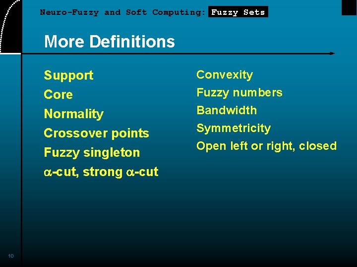 Neuro-Fuzzy and Soft Computing: Fuzzy Sets More Definitions Support Convexity Core Fuzzy numbers Bandwidth