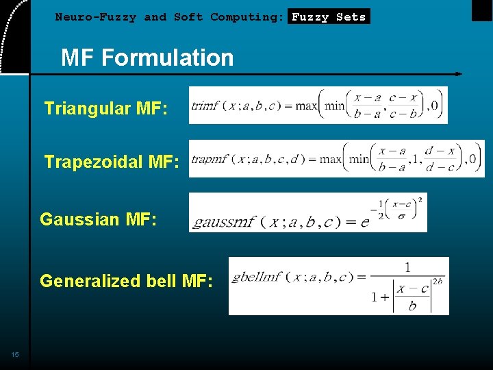 Neuro-Fuzzy and Soft Computing: Fuzzy Sets MF Formulation Triangular MF: Trapezoidal MF: Gaussian MF: