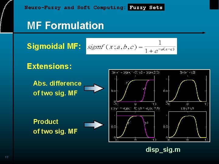 Neuro-Fuzzy and Soft Computing: Fuzzy Sets MF Formulation Sigmoidal MF: Extensions: Abs. difference of