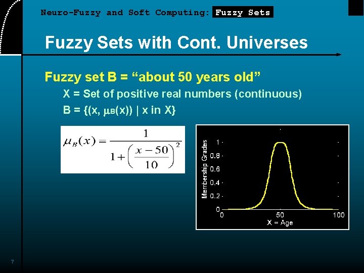 Neuro-Fuzzy and Soft Computing: Fuzzy Sets with Cont. Universes Fuzzy set B = “about