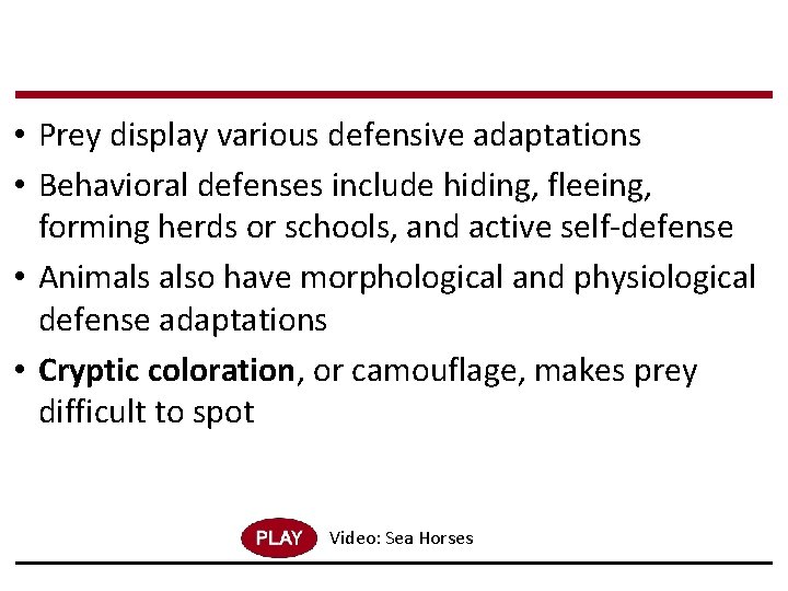  • Prey display various defensive adaptations • Behavioral defenses include hiding, fleeing, forming