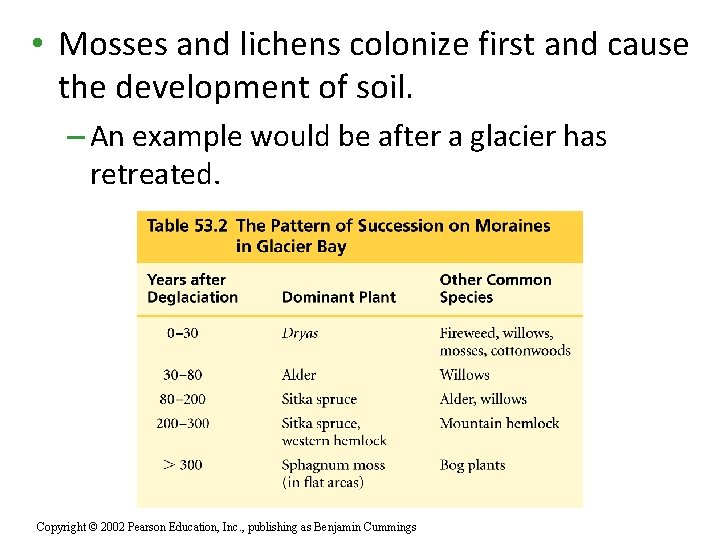  • Mosses and lichens colonize first and cause the development of soil. –