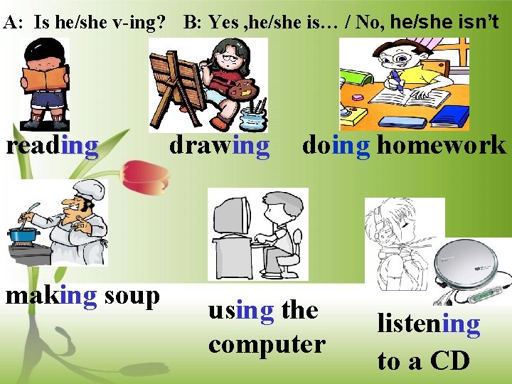 A: Is he/she v-ing? B: Yes , he/she is… / No, he/she isn’t reading