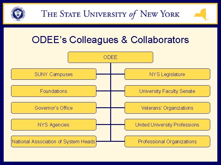 ODEE’s Colleagues & Collaborators ODEE SUNY Campuses NYS Legislature Foundations University Faculty Senate Governor’s