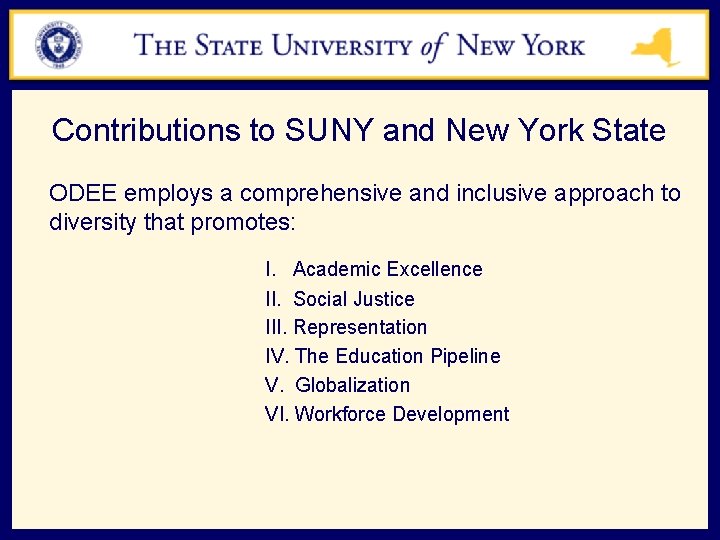 Contributions to SUNY and New York State ODEE employs a comprehensive and inclusive approach