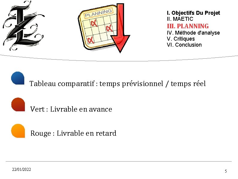 I. Objectifs Du Projet II. MAETIC III. PLANNING IV. Méthode d'analyse V. Critiques VI.