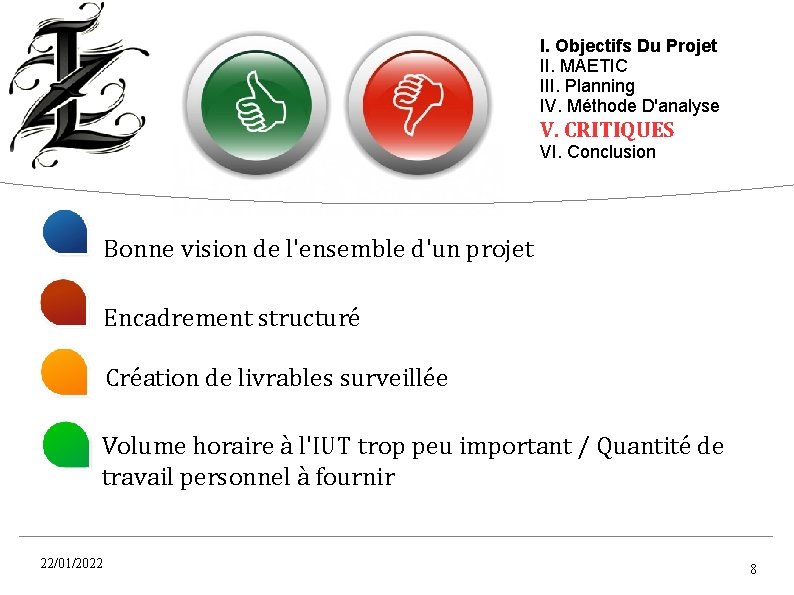 I. Objectifs Du Projet II. MAETIC III. Planning IV. Méthode D'analyse V. CRITIQUES VI.