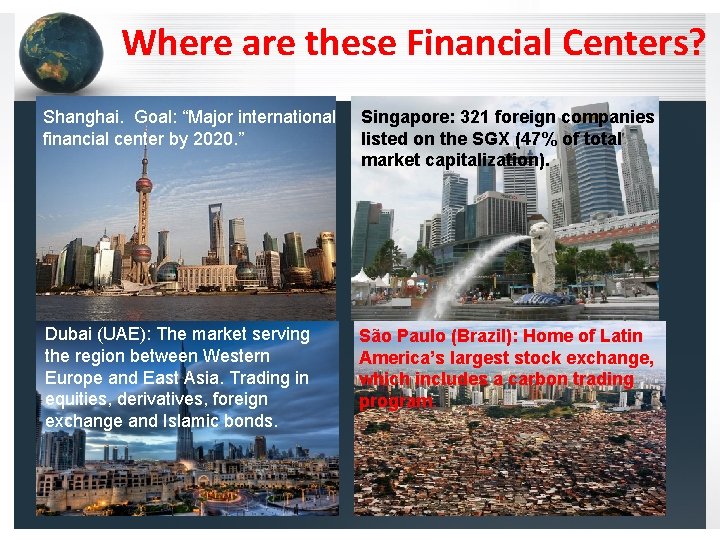 Where are these Financial Centers? Shanghai. Goal: “Major international financial center by 2020. ”