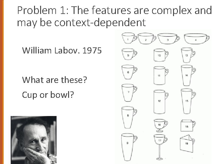 Problem 1: The features are complex and may be context-dependent William Labov. 1975 What