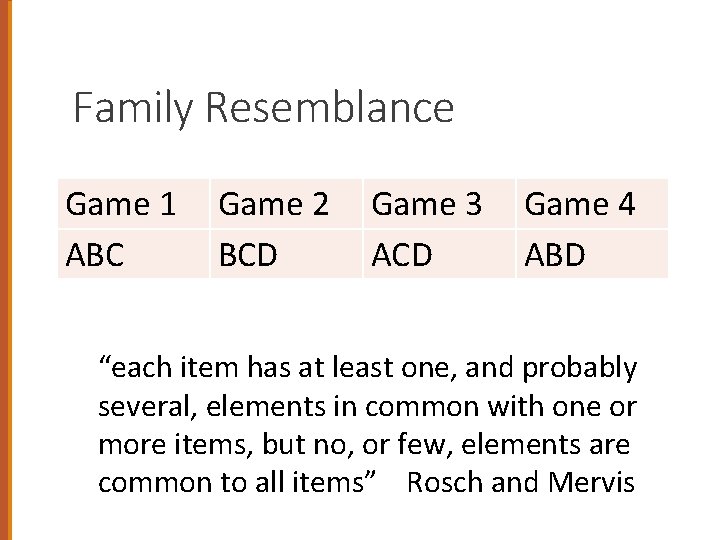 Family Resemblance Game 1 ABC Game 2 BCD Game 3 ACD Game 4 ABD