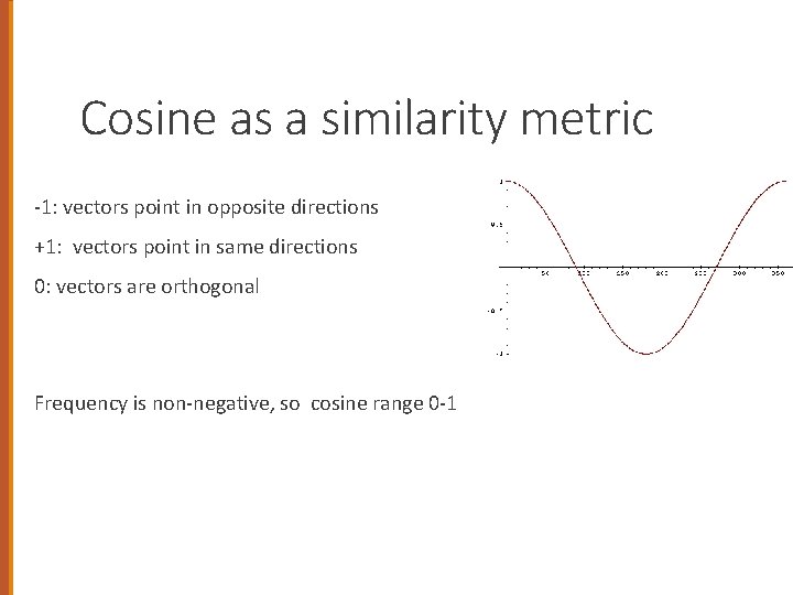 Cosine as a similarity metric -1: vectors point in opposite directions +1: vectors point