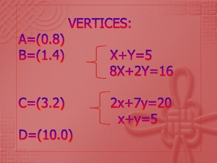 A=(0. 8) B=(1. 4) VERTICES: C=(3. 2) D=(10. 0) X+Y=5 8 X+2 Y=16 2