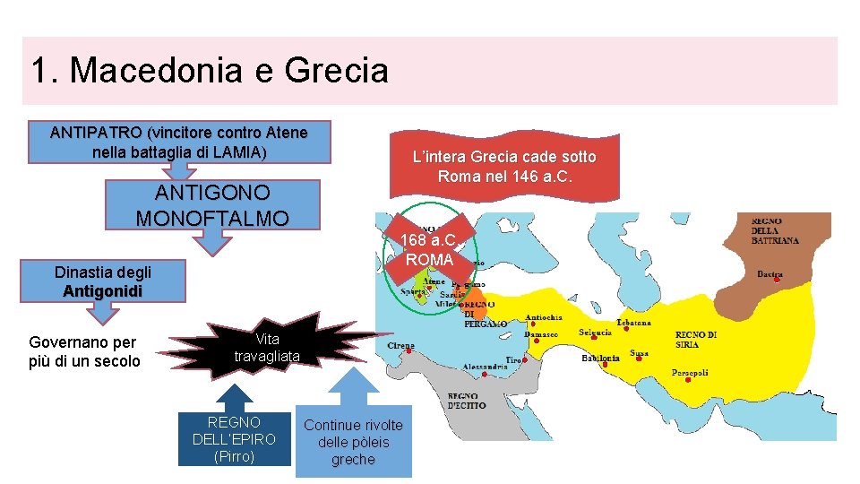 1. Macedonia e Grecia ANTIPATRO (vincitore contro Atene nella battaglia di LAMIA) L’intera Grecia