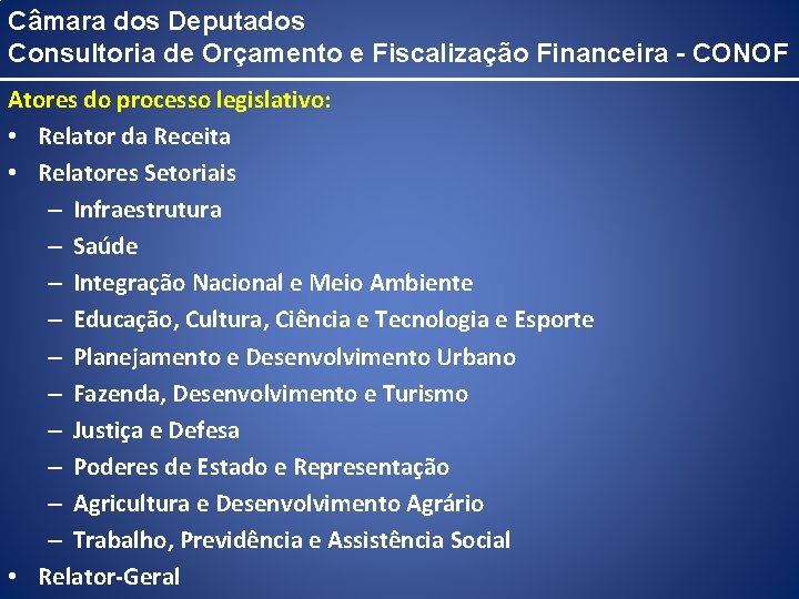 Câmara dos Deputados Consultoria de Orçamento e Fiscalização Financeira - CONOF Atores do processo