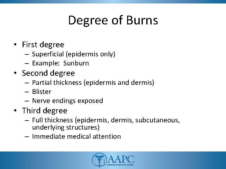 Degree of Burns • First degree – Superficial (epidermis only) – Example: Sunburn •