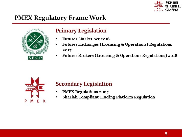 PMEX Regulatory Frame Work Primary Legislation • • • Futures Market Act 2016 Futures