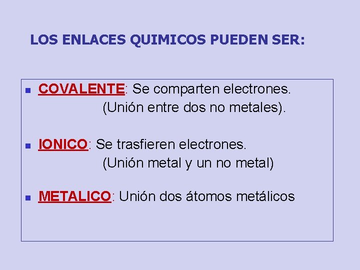 LOS ENLACES QUIMICOS PUEDEN SER: n n n COVALENTE: Se comparten electrones. (Unión entre