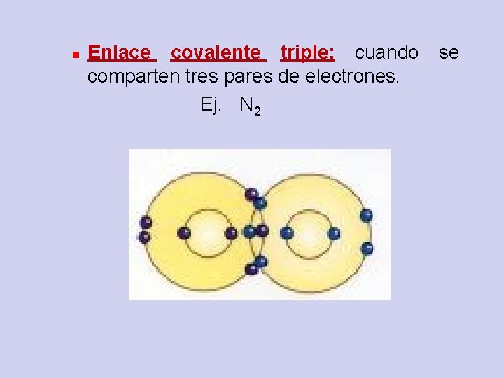 n Enlace covalente triple: cuando comparten tres pares de electrones. Ej. N 2 se