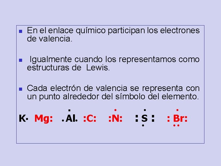 n n n En el enlace químico participan los electrones de valencia. Igualmente cuando