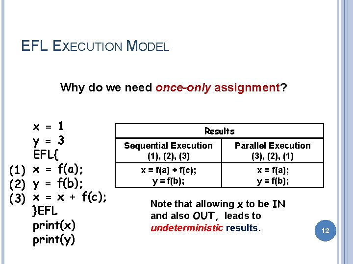 EFL EXECUTION MODEL Why do we need once-only assignment? x = 1 y =