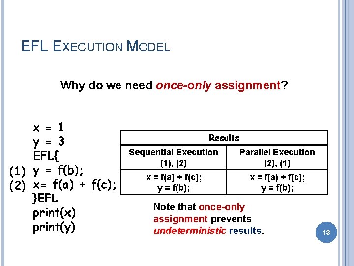 EFL EXECUTION MODEL Why do we need once-only assignment? x = 1 y =