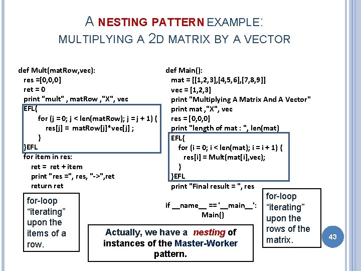 A NESTING PATTERN EXAMPLE: MULTIPLYING A 2 D MATRIX BY A VECTOR def Mult(mat.