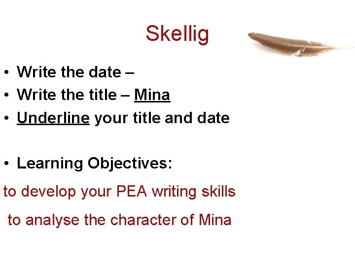 Skellig • Write the date – • Write the title – Mina • Underline