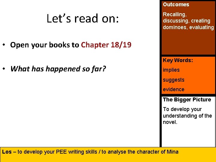 Outcomes Let’s read on: Recalling, discussing, creating dominoes, evaluating • Open your books to