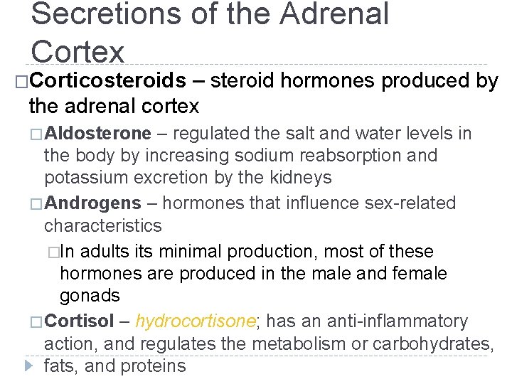 Secretions of the Adrenal Cortex �Corticosteroids – steroid hormones produced by the adrenal cortex Secretions of the Adrenal Cortex �Corticosteroids – steroid hormones produced by the adrenal cortex