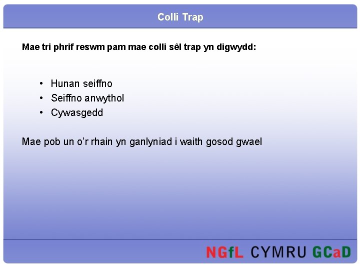 Colli Trap Mae tri phrif reswm pam mae colli sêl trap yn digwydd: •