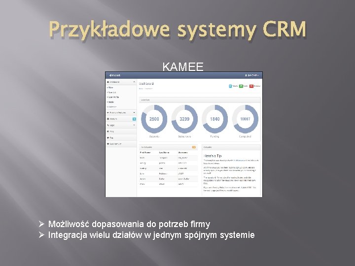 Przykładowe systemy CRM KAMEE Ø Możliwość dopasowania do potrzeb firmy Ø Integracja wielu działów