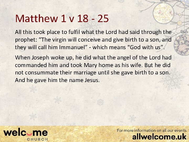 Matthew 1 v 18 - 25 All this took place to fulfil what the
