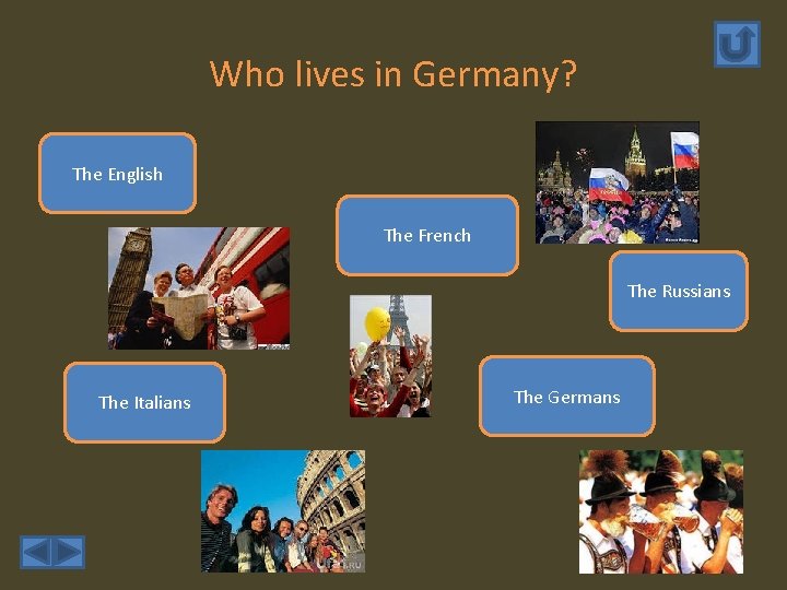 Who lives in Germany? The English The French The Russians The Italians The Germans