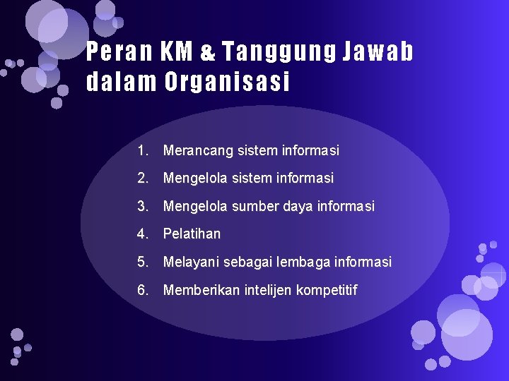 Peran KM & Tanggung Jawab dalam Organisasi 1. Merancang sistem informasi 2. Mengelola sistem