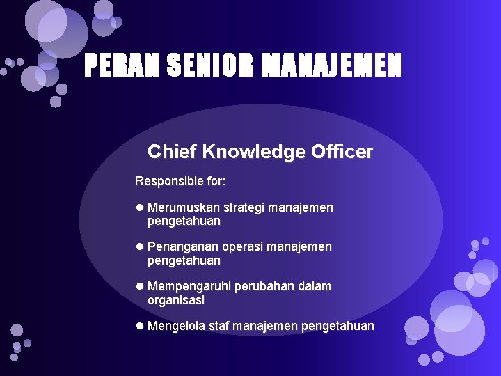 PERAN SENIOR MANAJEMEN Chief Knowledge Officer Responsible for: Merumuskan strategi manajemen pengetahuan Penanganan operasi