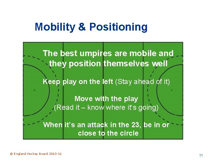 Mobility & Positioning The best umpires are mobile and they position themselves well Keep