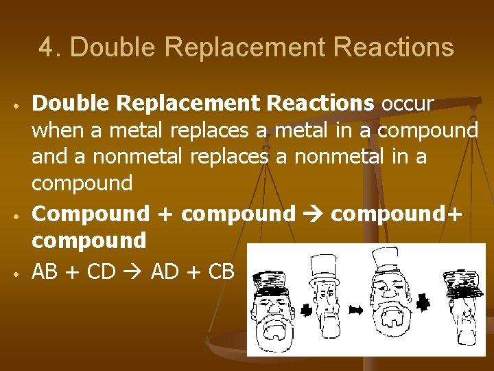 4. Double Replacement Reactions • • • Double Replacement Reactions occur when a metal